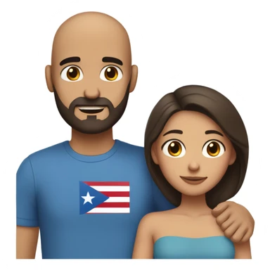 Comforting hug from brunette Puerto Rican with dark brown eyes wearing a cute blue top to short, bald man with brown eyes and a beard sticker