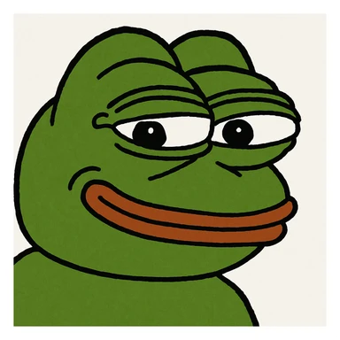 Pepe the Frog meme, green frog with a mischievous smile, cartoon style sticker
