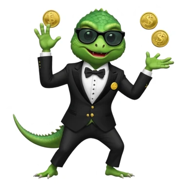 capitalist iguana banker in tuxedo and black sunglasses dancing crazy with coins sticker