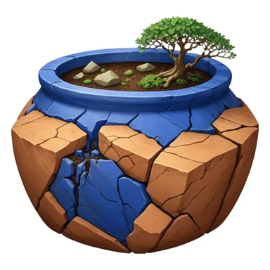 Aged two toned lapis blue terracotta Roots Stoneware akadama moss on soil irregular angular Stone Age rocks cracked crags and broken rough edges forming a very shallow Yixing pot sticker