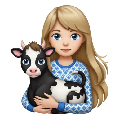 Apple-style emoji sticker of a young woman with long dark blond hair and bang, blue eyes , holding a cat black and white like a cow patch on her chest.  sticker