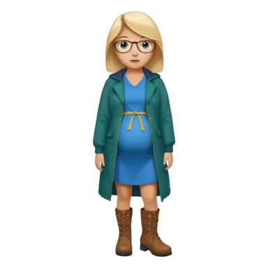 18 year-old pregnant between blonde and brown haired girl with golden glasses with blue eyes in a long bright blue dress and a dark green jacket over the dress and brown boots standing sassily sticker
