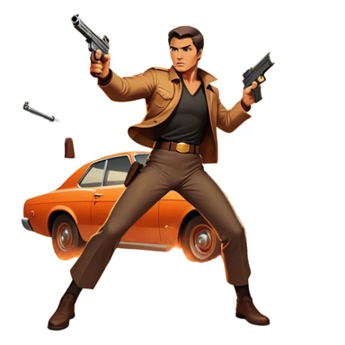 Icon for Action Movie: A vintage movie poster-style design featuring intense action scenes—explosions, gunfire, and dramatic stunts. Include a hero in a dynamic pose with weapons, a car chase, and a fiery background. Retro cinematic feel with bold typography. Transparent background. sticker