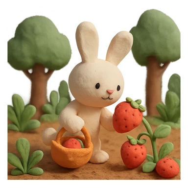 bunny picking strawberries in the woods, sweet pastel red, claymation style sticker
