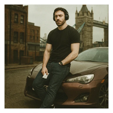 Grunge-style analog photo, London 2025, person inspired by the reference image leaning against a Nissan GT 86, model pose, black t-shirt, jeans, Nike Air Jordan low, using flash, urban background, analog grain, 3/8. sticker