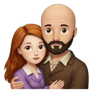 Couple. Bald man with dark brown-black beard. White woman with many small, faded freckles, she has white skin and she has auburn-yellow-brown-cinnamon, dark long hair. She has light brown eyes. The man have hazel eyes. Retro style. They hug. sticker