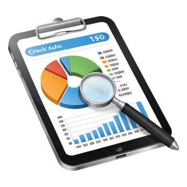 Checking and auditing estimate documents with search icon and infographic chart sticker