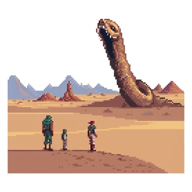 Dune's Arrakis landscape, sandworm erupting from the desert in the midground, three people in the foreground, rocky background, dusk sky, in a pixel art style sticker