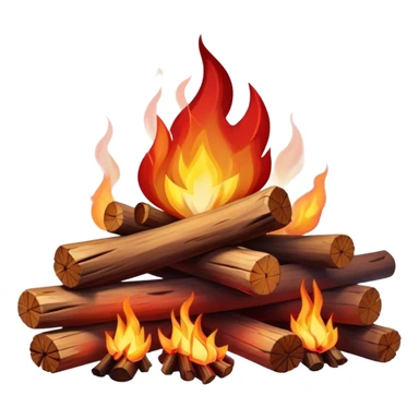 Cinematic Realistic Campfire, a roaring flame crackling atop carefully arranged logs, embers glowing deep red, golden light casting soft flickering shadows, gentle smoke drifting upwards, glowing with warmth and coziness. sticker