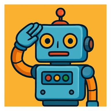 robot in the exact pose of the standard salute emoji, head and body resembling the classic robot emoji, vibrant cartoon style sticker