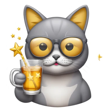 Fait un chat gris avec des lunettes de stars et avec un verre d alcool qui fait la fête sticker