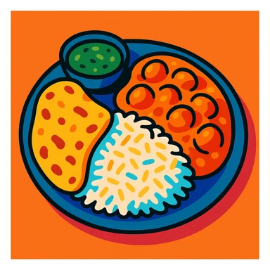 a plate of Indian food, vibrant and colorful, showing rice, curry, naan, and chutney, modern illustration style sticker