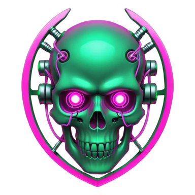 Cyberpunk shield, skull with cybernetic implants, glowing wires, dark electric pink and grenn, black tones, no background sticker