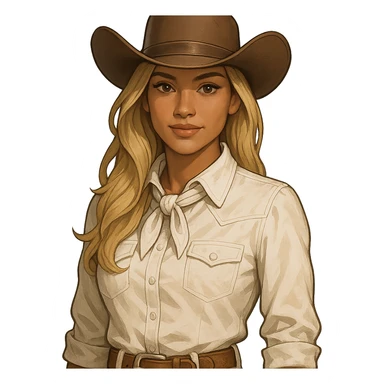 cowgirl character, blonde long hair, brown eyes, tanned, white attire, classic cowboy hat sticker