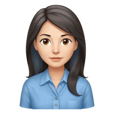 vit 50-årig kvinna med jättelångt mörkbrunt hår med grå/vita slingor bruna ögon ljusblå skjorta med översta knappen uppknäppt sticker