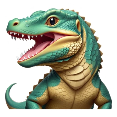 Cinematic Cute Yawning Komodo Dragon Lizard Portrait Emoji, Head slightly angled in a dramatic, wide-open yawn, showcasing rugged, textured scales and sleepy, half-closed eyes, Simplified yet irresistibly adorable features, highly detailed, glowing with a soft, cozy glow, high shine, relaxed yet expressive, stylized with a hint of whimsical wildness, soft glowing outline, capturing the essence of a drowsy yet endearing reptile that appears ready to stretch out for a nap! sticker