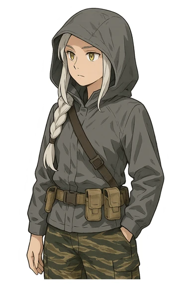 1 female, mid-20's  white hair long braid, gold yellow eyes, gray waterproof tactical shirt hoodie, hood up, single point sling, tan mag pouches on belt rig, tiger stripe camo pants,  sticker