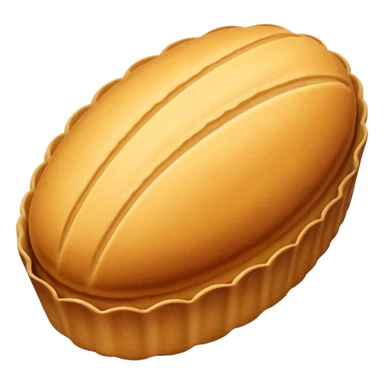 A madeleine pastry. Oval shaped with vertical lines going in the same direction as the oval. Light golden brown. Scalloped edge. Cookie. Flat. sticker