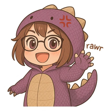 Chibi anime style girl with glasses, brown hair, dark purple eyes, wearing a purple dinosaur costume with detailed features including scales, textured belly, small claws, and a patterned tail, saying 'rawr' in a cute playful way, no background. Match the style of the reference image. sticker
