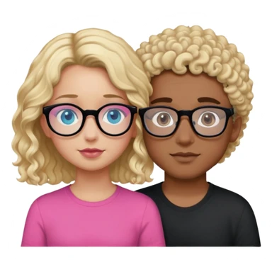 intimate moment between lovers, boy he has, blonde hair black glasses and blue eyes and a black shirt, Girl with a mixed skin tone, she has dark brown curly hair, pink glasses, and a pink shirt, the girl doesn’t have blonde hair, the boy had blonde hair sticker