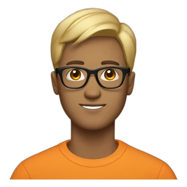 guy with black glasses dirtyblonde short hair with orange sweatshirt sticker