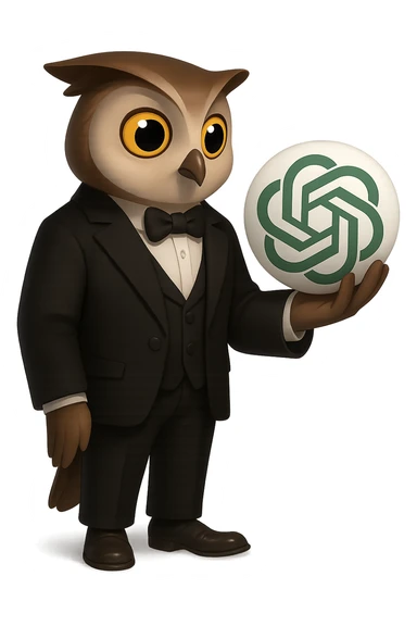 Сова в костюме держит в руках логотип GPT, будто это череп из Гамлета в духе "Быть или не быть, вот в чем вопрос", прозрачный фон sticker