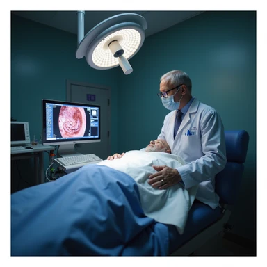 realistic hospital scene with adult patient lying down for colonoscopy, endoscopic monitor showing 5mm polyp, doctor indicating early suspicious changes sticker