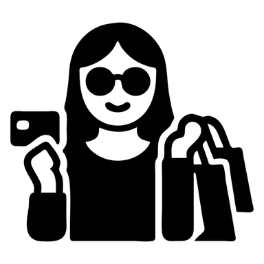 light skin woman with sunglasses, holding a credit card and shopping bags, flat color icon sticker