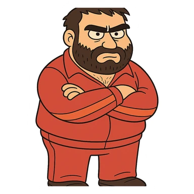 Recep İvedik, comedic Turkish character with bushy mustache, thick eyebrows, red tracksuit, looking grumpy and expressive, cartoon style sticker