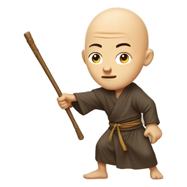 An illustration of a bald monk in traditional robes, mid-action, wielding a wooden staff. He strikes with precision, showing focus and strength, in a cartoon-like style sticker