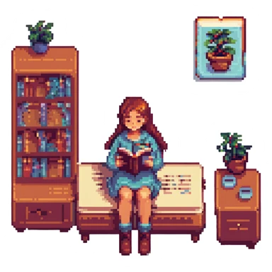 girl reading a book, pixel art style, retro video game aesthetic sticker