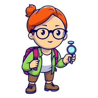 Adventurous woman scientist in her late 30s, glasses, vibrant hiking gear, examining with one magnifying glass, bold colorful style sticker