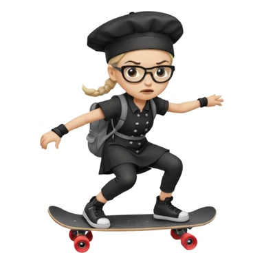 ["An angry woman with light skin, ponytail, wearing a chef hat and square glasses, dressed in goth fashion, is skateboarding while holding a backpack."] sticker