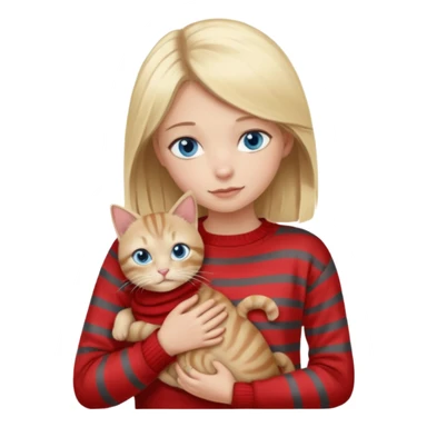 Blonde girl with blue eyes in red sweater cuddling with light grey tabby cat with dark grey stripes sticker