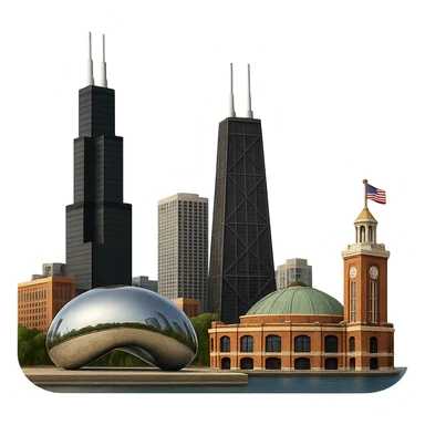 cinematic, realistic emoji of Chicago, wide city view featuring only real, iconic landmarks including Willis Tower, John Hancock Center, Navy Pier, and Cloud Gate (the Bean), lifelike detail, accurate colors, bright daytime lighting, fully transparent background, no sky, no clouds, no imaginary or generic buildings sticker