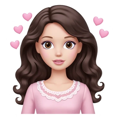 A white Barbie girl with long dark brown wavy hair in pale pink clothes have pale pink hearts instead of eyes sticker