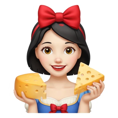  smiling Snow White with red bow ob head holding wedge of cheese sticker