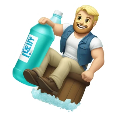 Buff man with blonde short hair and a medium length blonde beard riding on top of a giant bottle of listerine sticker