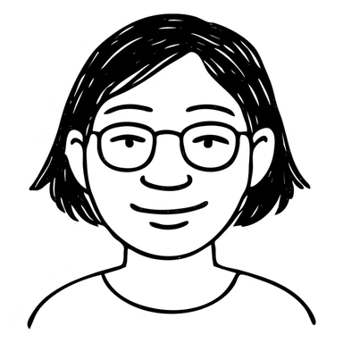 Asian girl with tan skin, short black hair, and glasses, hand drawn outlined icon sticker
