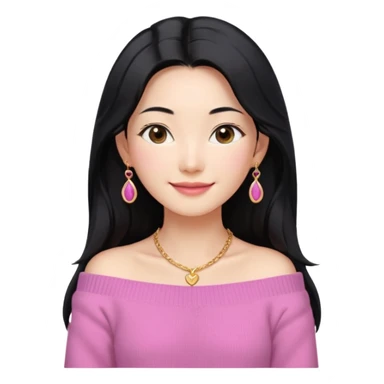 South Korean girl in her mid-thirties with long black hair with a middle part. She is wearing a pink, off the shoulder long sleeve knit sweater, extra small gold earrings and a gold necklace. She has brown eyes with narrow, mono lid shape and smiling with lips together sticker