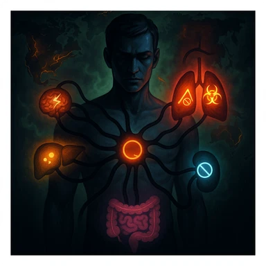semi-realistic, high contrast human figure, black worm-like forms radiate to organs, each organ with a colored glow and a disease symbol, world map, glowing fissures, green mist, allegorical, focus on prevention and awareness sticker