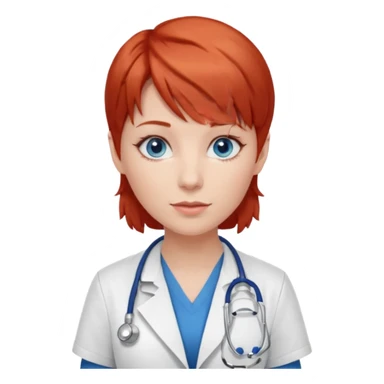 female doctor with short red hair, blue eyes, and bangs sticker