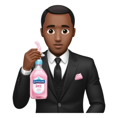 A realistic product shot of a transparent bottle of Johnson’s Baby Oil by Johnson & Johnson, featuring a soft pink label. The oil inside is crystal clear and glossy. Sean "Diddy" Combs in black suit is holding the bottle sticker