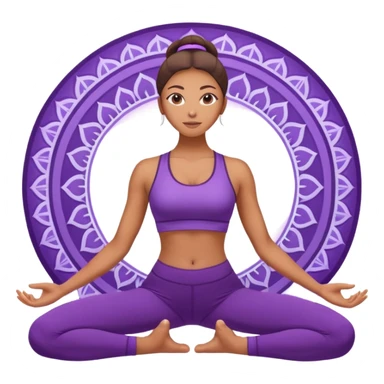 A woman in purple activewear lifting her hips in bridge pose, glowing light, gentle mandala pattern behind. sticker