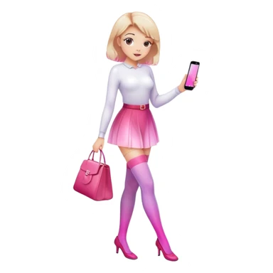 Cute girl character in stockings adjusting fashion accessory, pink gradient, glass effect, minimalist design sticker