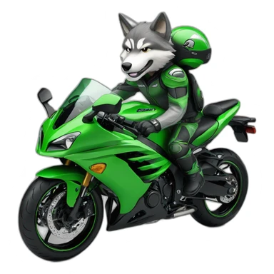 Gray wolf is riding on green Kawasaki ninja sticker