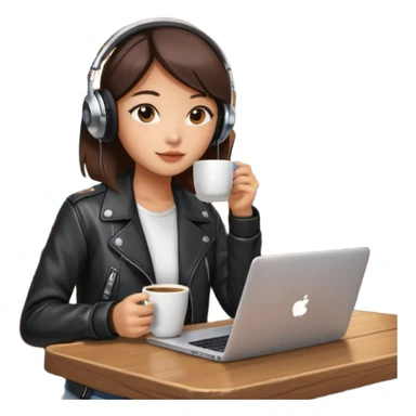 A Korean girl at a dive bar with a laptop and headphones on holding a cup of coffee sticker