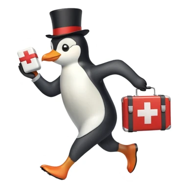 side view of a doctor penguin running with a top hat holding a first aid medical box with a red cross sticker