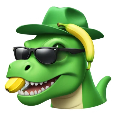 A green r Rex with a banana hat and sunglasses sticker
