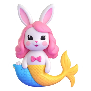 cute white bunny with pink ears and nose, mermaid tail blue and yellow with fish scales, soft rounded glossy style, 3D iOS-style illustration sticker